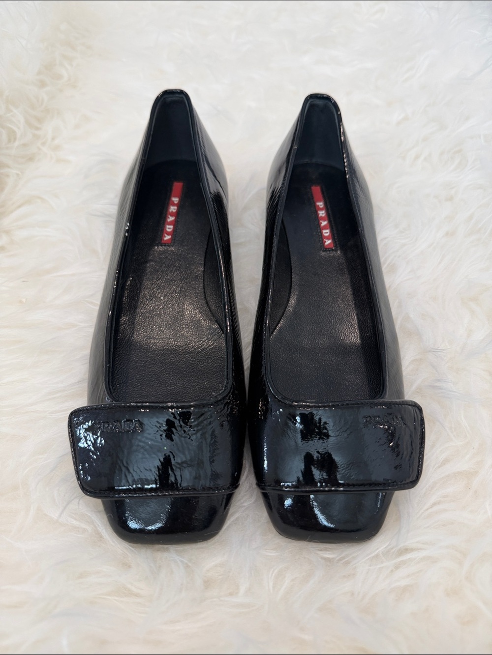 Prada Black Patent Leather Square-Toe Flats with Front Tab